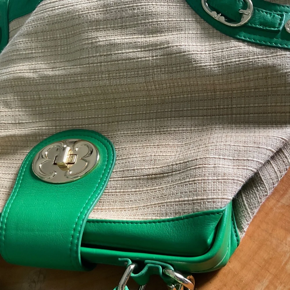 Emma Fox Newport Green Leather & Natural Woven Linen Blend Crossbody Satchel Bag